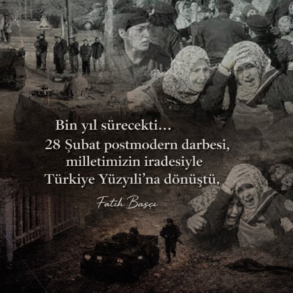 fatih__basci's tweet photo. 28 Şubat postmodern darbesi; insan haklarına, özgürlüğe, bilime ve kalkınmaya vurulmuş bir prangaydı. Milletimizin iradesi, inancı ve geleneğiyle örülen duvarlar aşıldı. “Bin yıl” denilen zulüm, Türkiye Yüzyılı’na dönüştü.
#28Şubat #Unutma #Milletİradesi #TürkiyeYüzyılı https://t.co/A2TNl9fiYK