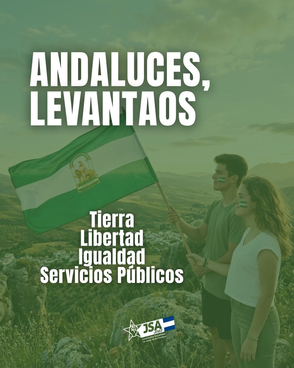 JSAJerez's tweet photo. 💪 Este 28 de febrero, renovamos nuestro compromiso con Andalucía. Pedimos tierra y libertad, el derecho a decidir nuestro futuro. Pero también exigimos igualdad para todas y todos los andaluces, y servicios públicos que nos garanticen una vida digna. ¡Andalucía, levántate! #28F https://t.co/8eEu6HvdSk
