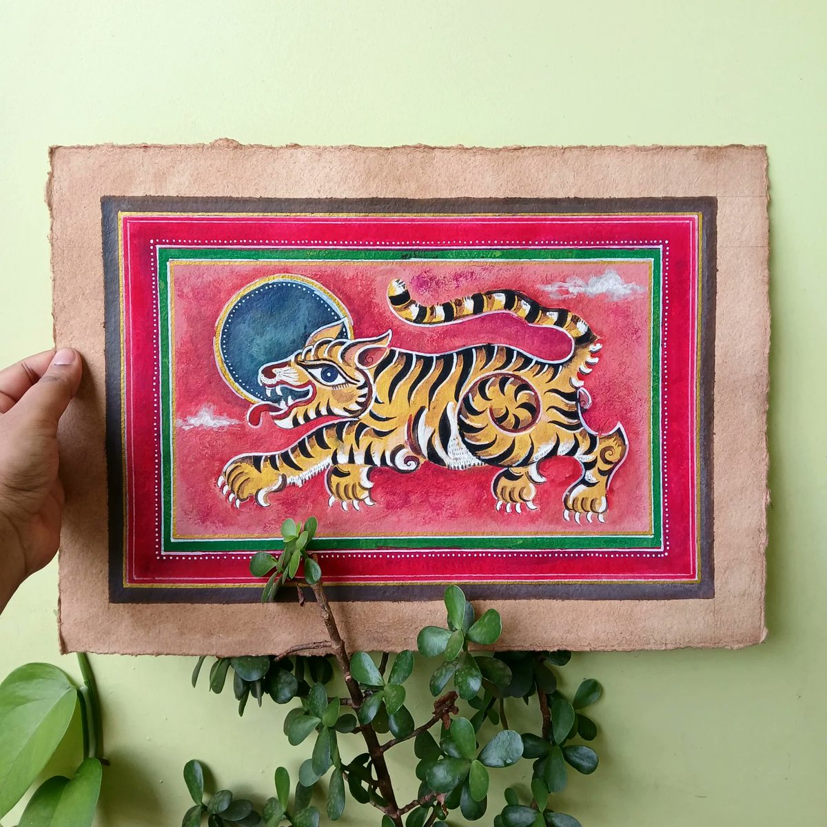 In the high Himalayas, the sun shivers behind a beastly cloud, striped with fleeting light and shadow.🌳

Title- 'Under the Himalayan Sun'
Mixed media on handmade paper, antiqued with Assam tea wash.
Size- A3