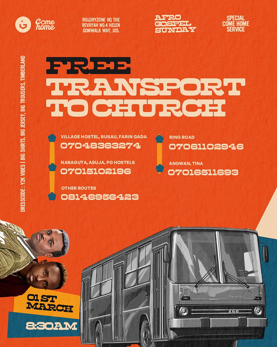 gloryzoneglobal's tweet photo. Afro Gospel Sunday | Special come home serivice | Y2K Vibes 🔥
Need a ride to church? We got you! Call the numbers closest to your route. 📞 

Join us tomorrow;
📅 : March 1st 
⏰: 8:30am
📍: The Revayah, No.4 Helen Gomwalk way, Off Old Airport, Jos. https://t.co/Ka4d3vtk0U