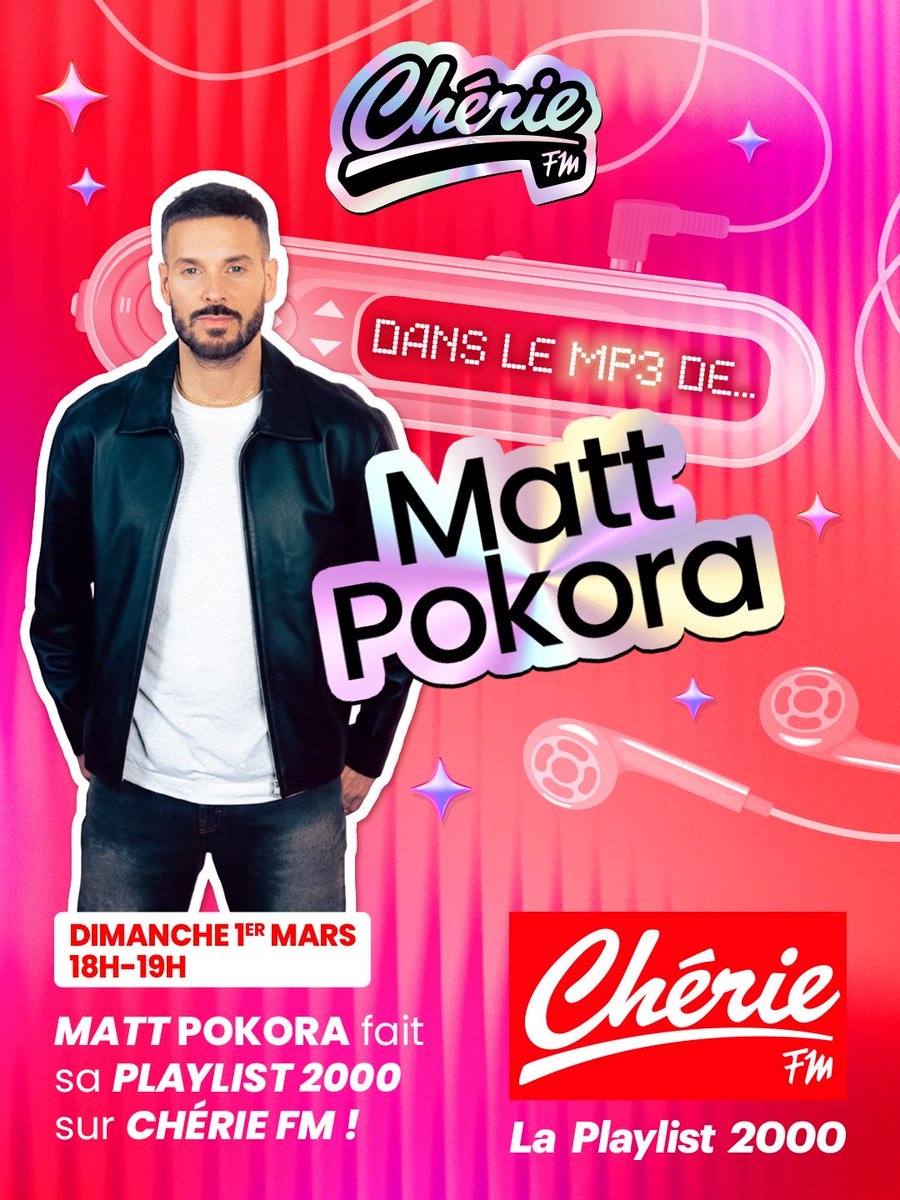Ce dimanche sur 𝗖𝗛𝗘𝗥𝗜𝗘 𝗙𝗠 <a href="/MPokora/">Matt Pokora</a> vous partage la playlist de tous ses titres cultes des années 2000 ✨🎧
Rendez-vous le 1er mars de 18h à 19h pour CHÉRIE FM DANS LE MP3 de #MattPokora !

Écoutez #CHÉRIEFM en direct où que vous soyez sur l’appli CHÉRIE FM 📲
