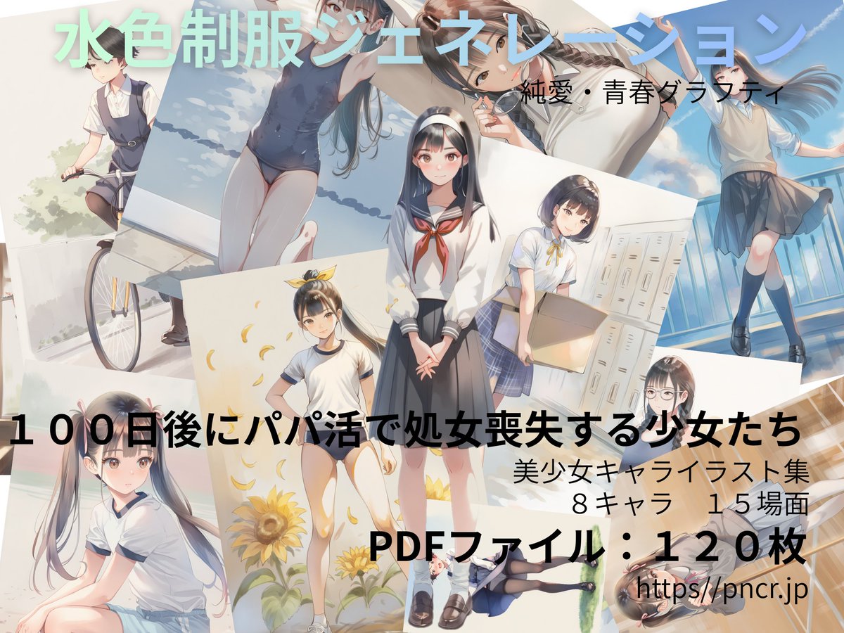 pncr_ai's tweet photo. 水色制服ジェネレーション　ＦＡＮＺＡで発売開始！
１００日後にパパ活で処女喪失する少女たち
前日譚です
エロなし・完全健全
パンチラあり
ＰＤＦ形式
イラスト枚数１２０枚
特典として、ＨＰで購入者限定ページを公開中
https://t.co/pC2PvtHxcD https://t.co/43XNULfUuj