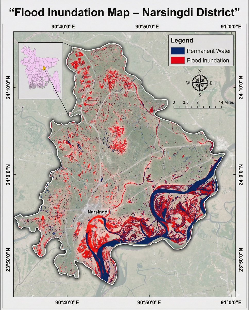 GISRSStudyHacks's tweet photo. Flood Inundation Mapping of #Narsingdi District Using Remote Sensing & GIS
If you want to learn #GeoAI with #googleearthengine then join our upcoming online training program.
Registration link: https://t.co/O4AcVIerFn
#FloodMapping #GIS #RemoteSensing #DisasterManagement https://t.co/8smiQfqVcI