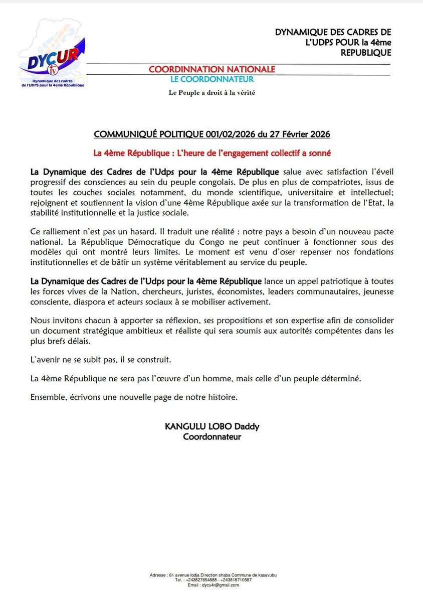 Notre génération ne peut pas transmettre les mêmes blocages institutionnels à nos enfants.
L’heure est venue d’oser refonder l’État, de restaurer la justice sociale et de garantir une stabilité durable pour la #RDC.
La 4ème République est un engagement collectif.
Communiqué 👇🏿👇🏿