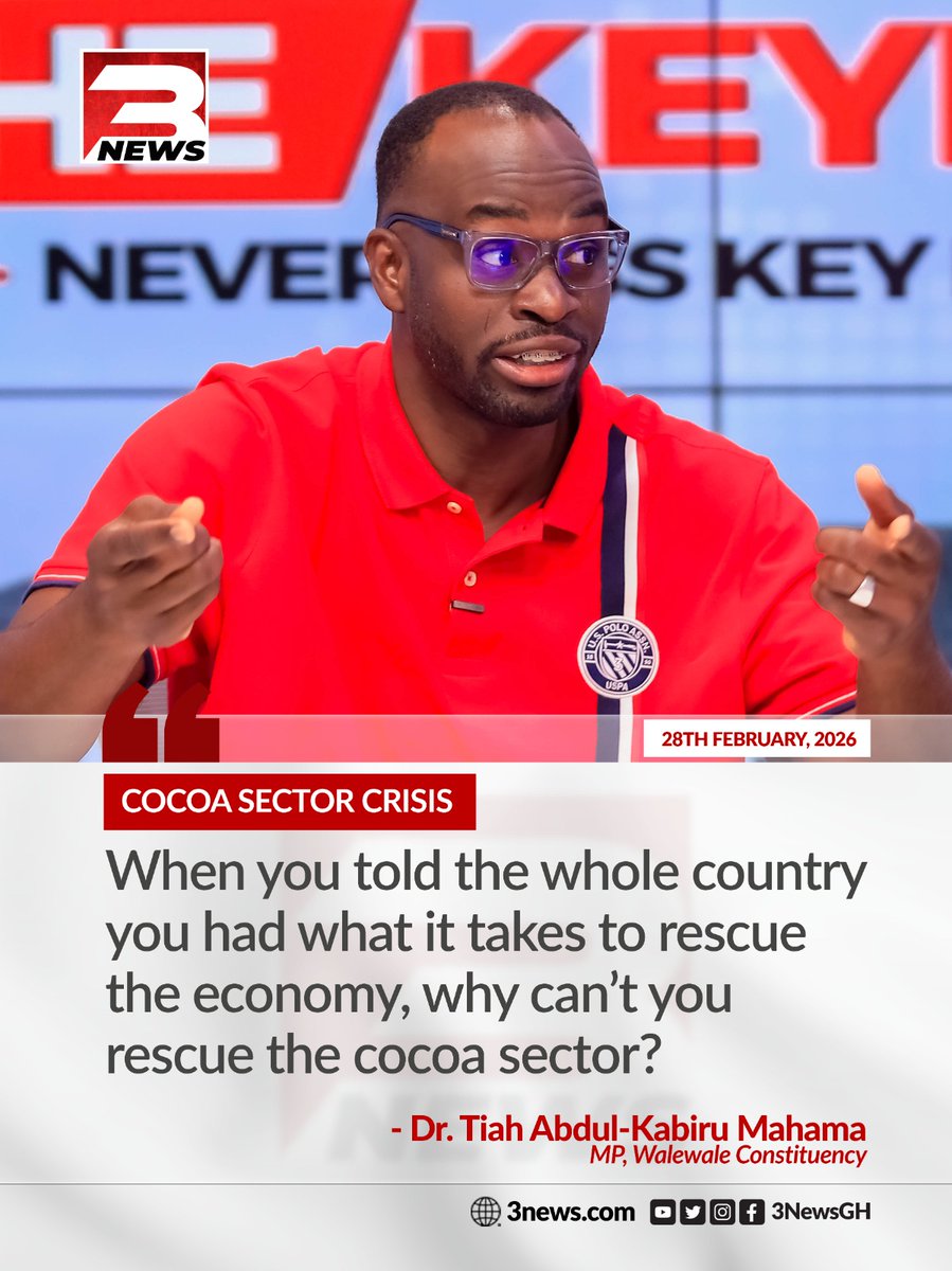 tv3_ghana's tweet photo. Dr. Tiah Abdul-Kabiru Mahama challenges the government's competence, questioning why it cannot rescue the cocoa sector after campaigning on its ability to fix the economy.

#TheKeyPoints #TV3GH https://t.co/6k1ztANqjP