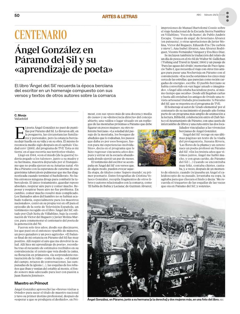 📚 El suplemento “Artes &amp; Letras” del <a href="/abc_cultura/">ABC Cultura</a> recoge hoy el artículo de Camino Monje sobre el libro “Angel del Sil”, publicado por Club Xeitu con la colaboración del Ayuntamiento de Páramo del Sil, recogiendo el aprendizaje del poeta en la montaña berciana.

#ParamodelSil