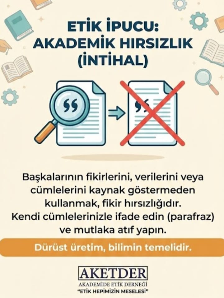 aketder's tweet photo. Etik İpucu: Akademik Hırsızlık (İntihal)💥

Başkalarının fikirlerini, verilerini veya cümlelerini kaynak göstermeden kullanmak, fikir hırsızlığıdır.

Kendi cümlelerinizle ifade edin ve mutlaka atıf yapın.

Dürüst üretim, bilimin temelidir.

✨Etik Hepimizin Meselesi✨

#etik https://t.co/I9GsjbSSV5