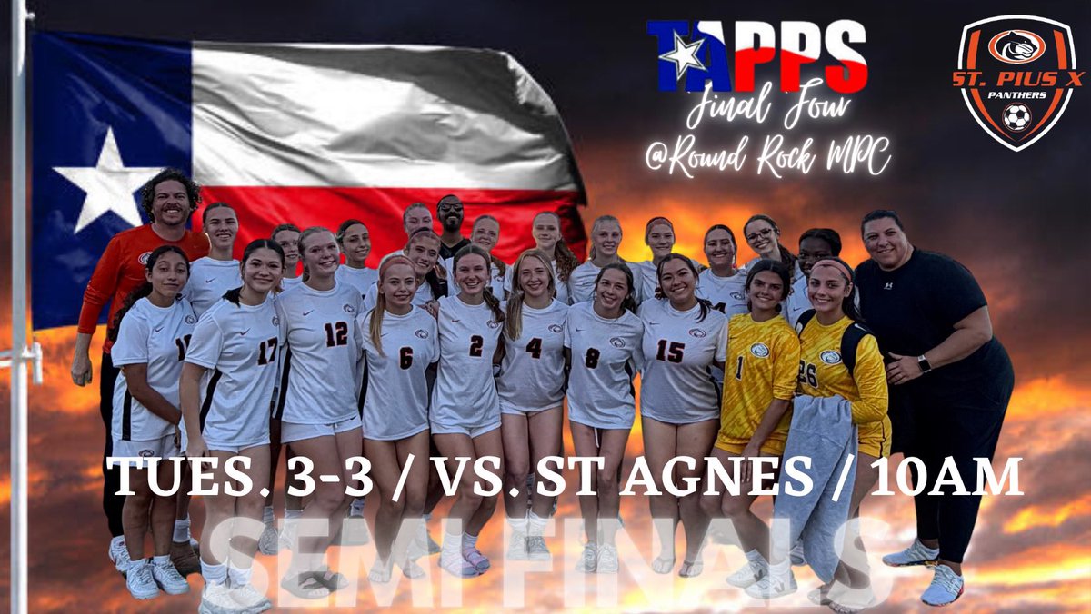 SPXGirlssoccer's tweet photo. 📢🚨 Who’s going to the Final Four!?🚨Next up, TAPPS State Semi Finals! We travel to Round Rock Tues to take on St Agnes. 🚌 Panthers Ready! LFG! 🧡🖤🐾⚽️ 

🆚St Agnes 
🗓️Tues. March 3rd
⏰10am
🏟️Round Rock Multipurpose Complex 

#spxpanthers🐾⚽️ https://t.co/d0hoBUKJiy