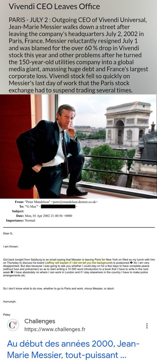 JozDire's tweet photo. #EpsteinFrance🇫🇷
01 Avril 2002
#CanalPlus:
#PierreLescure viré
Avec #GhislaineMaxwell, #PeterMandelson -#RAINSlist- parle de #JeanMarieMessier qu'il s'apprêtait à rencontrer pour discuter de son siège à #Vivendi; contexte parfaitement connu par Epstein
📝#RapportATLAS https://t.co/GhtlYvy06N