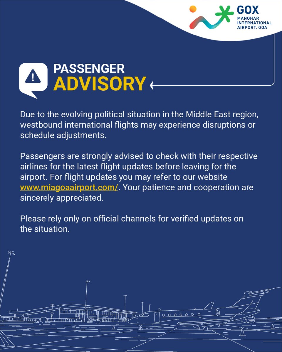 miagoaairport's tweet image. Passenger Advisory issued at 17:21 hrs.

#GOX #ManoharInternationalAirport #PassengerAdvisory #TravelUpdate @MoCA_GoI @DGCAIndia