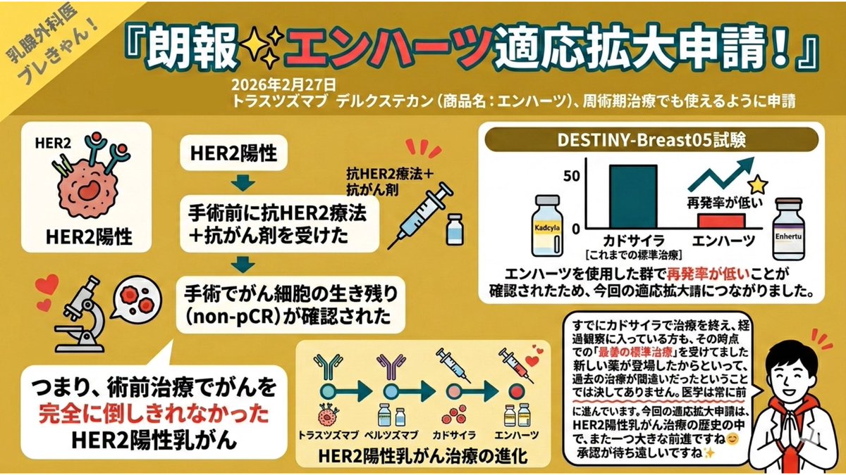 【News】

『朗報✨エンハーツ適応拡大申請！』

2026年2月27日、
トラスツズマブ デルクステカン（商品名：エンハーツ）が、周術期治療でも使えるように申請が行われました。

承認はまだ少し先になる見込みですが、
新たに対象として申請されたのは以下の条件をすべて満たす方です。

・HER2陽性