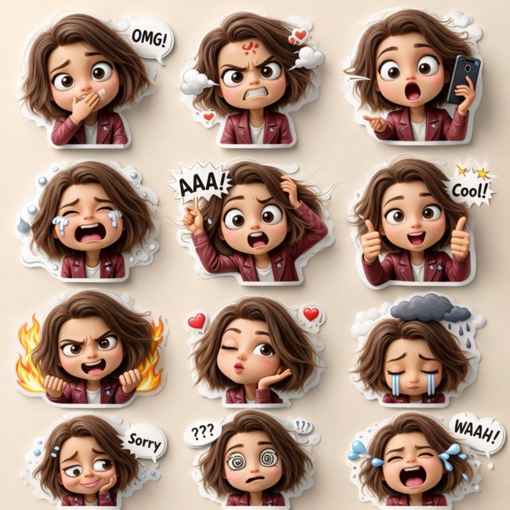 Noor_ul_ain43's tweet photo. 1. Open @grok

2. Upload your photo 

3. Prompt⤵️
A high-quality 3D cartoon sticker pack of a cute young girl with short messy brown bob hair and big expressive brown eyes, wearing a burgundy leather jacket over a white shirt. Multiple different emotional reactions arranged in a grid layout. Expressions include: shocked (hand over mouth, “OMG!” text bubble), angry (red anger mark, steam from head), surprised (holding phone, open mouth), crying loudly with tears, screaming “AAA!”, thumbs up saying “Cool!”, furious with fire background, winking with hearts, sad with rain cloud above head, shy saying “Sorry”, confused with spiral eyes and question marks, and loudly crying “WAAH!”.
Soft warm beige background, white sticker-style outlines, glossy finish, soft shadows, Pixar-style 3D rendering, highly detailed, vibrant colors, cute emoji-style speech bubbles, clean studio lighting, centered composition, high resolution.