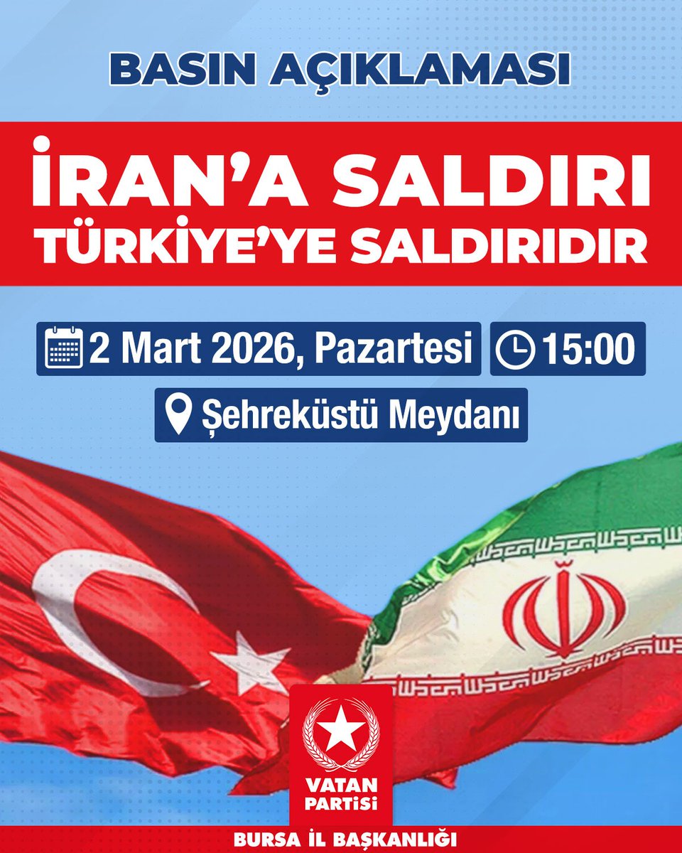 İRAN'A SALDIRI TÜRKİYE'YE SALDIRIDIR! 

📅 2 Mart 2026 Pazartesi
🕒 15:00
📍 Şehreküstü Meydanı