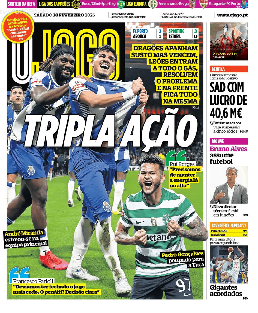 O jornal O Jogo perde alguma da sua credibilidade perante adeptos de outras cores quando opta por não trazer à primeira capa a opinião dos árbitros. 

Tribunal unânime na análise ao lance capital que decidiu o jogo no Dragão?
