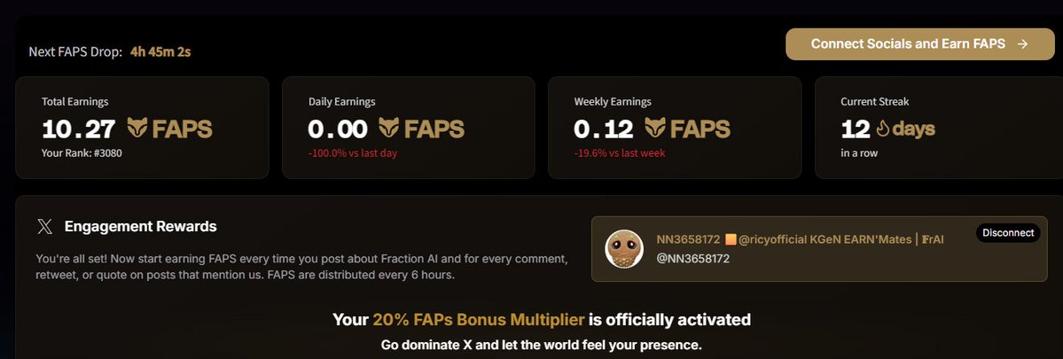 👀👀👀
LFG🚀
<a href="/FractionAI_xyz/">Fraction AI</a> $FAPS
Referral
dapp.fractionai.xyz/?referral=5884…

a dece platform that combines artificial intelligence (AI) and blockchain technology, where AI agents compete, cooperate, and earn rewards to generate high-quality Nintendo training data.