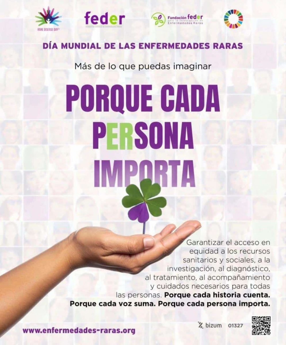 mariatomep's tweet photo. Hoy es el Día Mundial de las Enfermedades Raras.

Bajo el lema “Porque cada persona importa”, recordamos que detrás de cada diagnóstico hay una historia, una familia, una vida.

Que nadie se sienta invisible. Que nadie camine solo. Porque cada persona cuenta. 💚💜 @FEDER_ONG https://t.co/E30jIrNKnO