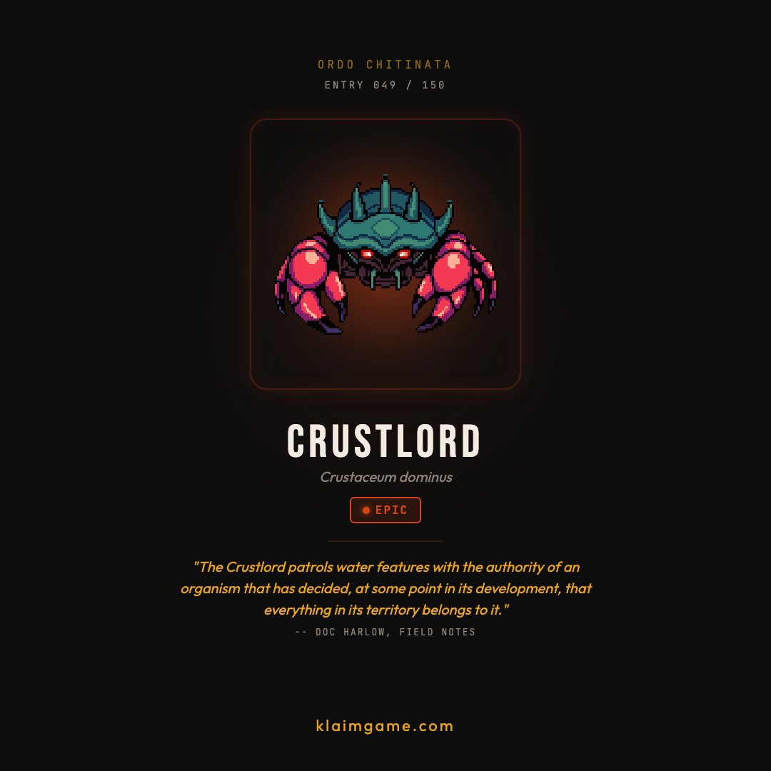 KlaimGame's tweet photo. KRAWLER #049 — CRUSTLORD
Order: Chitinata
Rarity: 🔴 Epic

"I observed one from a rooftop overlooking a flooded parking structure for approximately forty minutes."

150 species. Your city. https://t.co/VKXIEaMRVJ https://t.co/daEwW28PI7