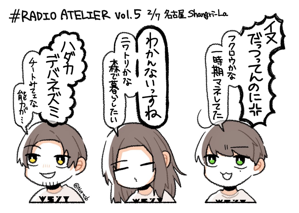 RADIO ATELIER 第3回～第6回
③最近食べた美味しかったものは?
④自炊はする?するなら得意料理は?
⑤犬・猫以外で好きな動物は?
⑥幼少期どんな子どもだった?(※イラスト誇張) 