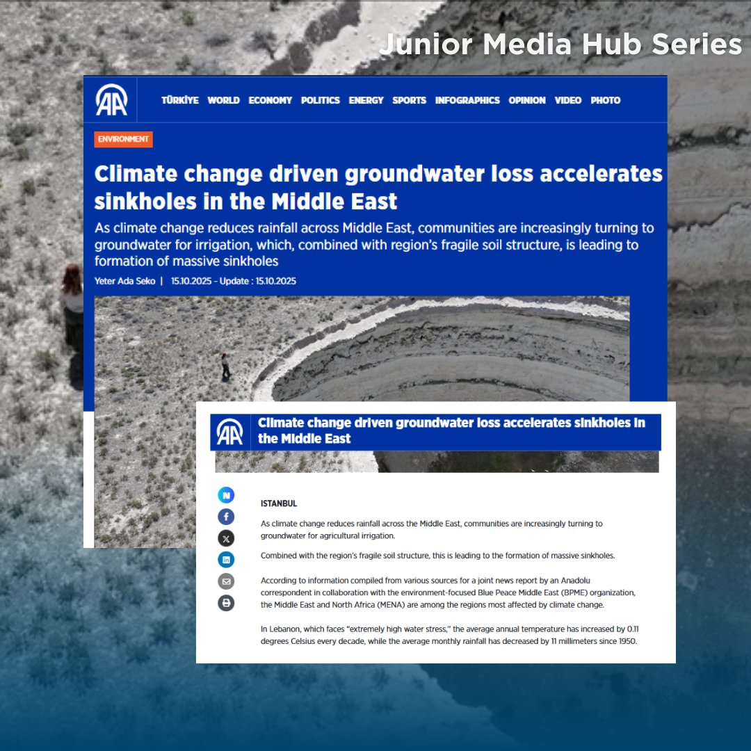 A silent crisis is unfolding underground. Declining rainfall and rising groundwater pumping are causing sinkholes and land degradation across the Middle East. Read more:h1.nu/1kxgI
#BluePeaceME #Cewas #AA
<a href="/BluepeaceME/">Blue Peace Middle East</a> <a href="/AtyyatFarah/">@Farah Atyyat</a> <a href="/SwissDevCoop/">Swiss Development and Cooperation</a> <a href="/INWRDAM/">INWRDAM</a> <a href="/anadoluagency/">Anadolu English</a>
