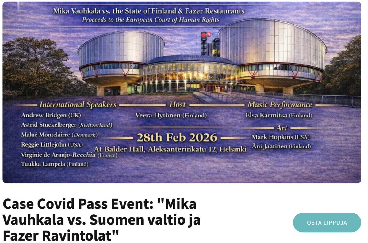 I am in Helsinki, Finland to speak at this event tonight, to support the brave <a href="/MikaVauhkala/">Mika Vauhkala</a> in his court battle against covid passports -- along with other esteemed speakers: <a href="/ABridgen/">Andrew Bridgen</a> <a href="/Stuckelberger/">Dr Astrid Stuckelberger</a> <a href="/MMontclairre/">Malue Montclairre</a> Virginie de Arapaho-Recchia and Tuukka Lampela.  If you're in