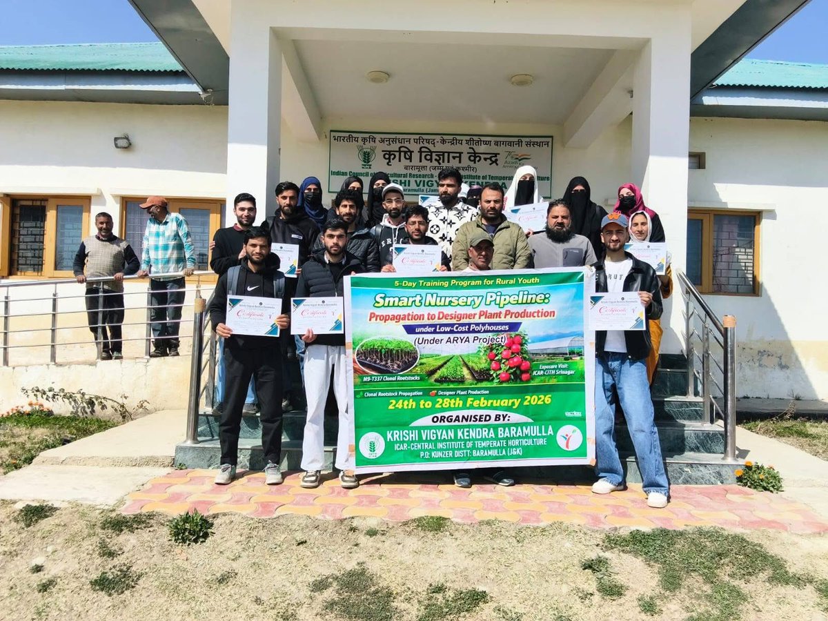 ICARKVKBARAMULA's tweet photo. Five-Day ARYA Training Programme on “Smart Nursery Pipeline: Propagation to Designer Plant Production under Low-Cost Polyhouses” under the ARYA (Attracting and Retaining Youth in Agriculture) Project from 24th to 28th February 2026
@atari1icar @icarindia @AgriGoI @ChouhanShivraj https://t.co/zgLxlMqPZd