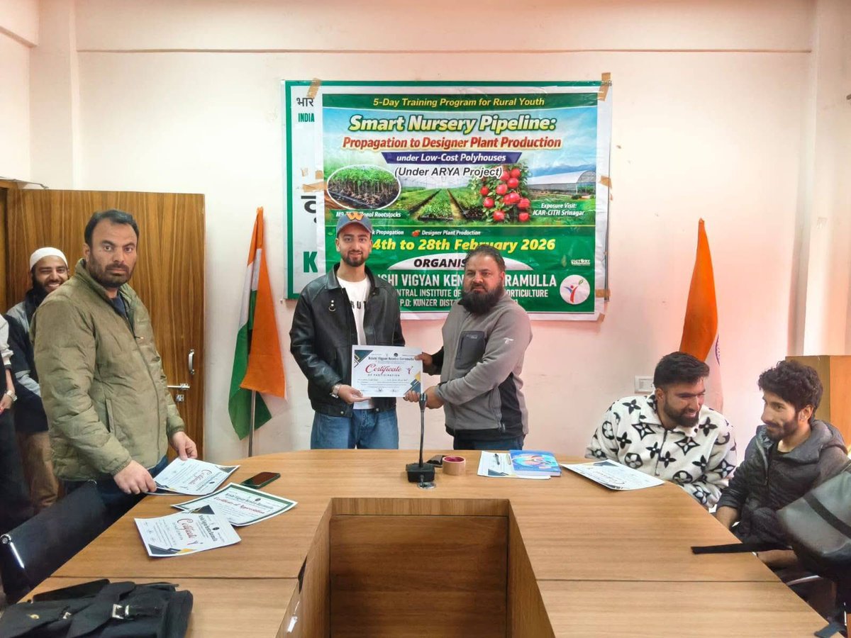 ICARKVKBARAMULA's tweet photo. Five-Day ARYA Training Programme on “Smart Nursery Pipeline: Propagation to Designer Plant Production under Low-Cost Polyhouses” under the ARYA (Attracting and Retaining Youth in Agriculture) Project from 24th to 28th February 2026
@atari1icar @icarindia @AgriGoI @ChouhanShivraj https://t.co/zgLxlMqPZd