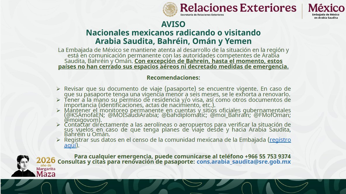 Aviso a la comunidad mexicana en Arabia Saudita, Bahréin, Omán y Yemen. Registra tus datos aquí: bit.ly/4aYH6Dg