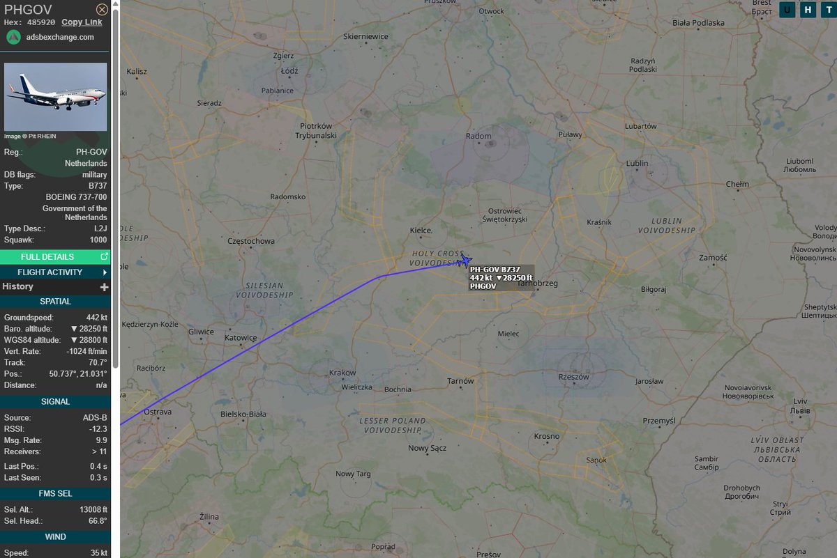 PolishMilRadar's tweet photo. 📅 28.02 🕘 13:20LT - 🇳🇱✈️ 737BBJ Rządu Holandii zniża do Lublina
Do Lublina #EPLB 🇵🇱 z Innsbrucka #LOWI w Austrii 🇦🇹 zniża ✈️ #PHGOV Boeing 737-700(WL) BBJ "PH-GOV" Rząd Holandii 🇳🇱
🔗 Link do śledzenia w komentarzu ⬇️
#POLMILRADAR https://t.co/oKekbW2W0o