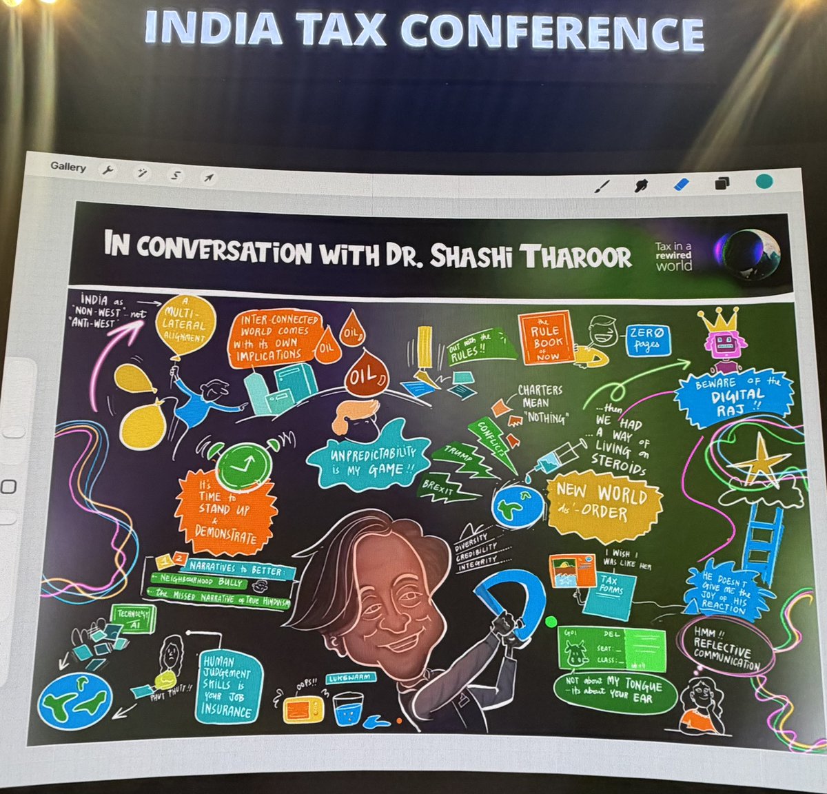 ShashiTharoor's tweet photo. A quick diversion (too quick, just four hours!) to Goa to address @DeloitteIndia’s Tax Conference. Took questions on a dazzling range of issues, from geopolitics to economics to politics to what makes me tick … Great fun but all off the record! (And they drew a “mind map” on the screen behind me while I was speaking)