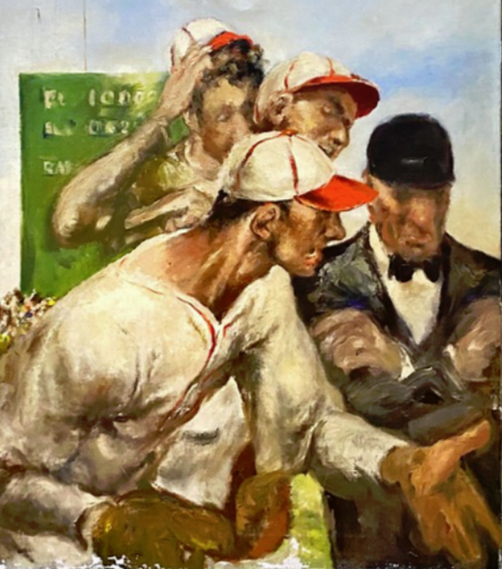 Jimfrombaseball's tweet photo. "Every player in every game is subjected to a cold and ceaseless accounting; no ball is thrown and no base is gained without an instant responding judgment—ball or strike, hit or error, yea or nay—and an ensuing statistic.
This encompassing neatness permits the baseball fan, aided by experience and memory, to extract from a box score the same joy, the same hallucinatory reality, that prickles the scalp of a musician when he glances at a page of his score of Don Giovanni and actually hears bassos and sopranos, woodwinds and violins."
"The Summer Game"
Roger Angell.
"Baseball is a ceremony, a ritual, as surely as sacrificing a goat beneath a full moon is a ritual."
"Shoeless Joe."
W.P. Kinsella.
"America overflows with specious "victims" demanding redress for spurious grievances. However, one genuinely oppressed minority is getting overdue relief.
Major League Baseball, taking pity on traumatized pitchers, is directing umpires to enforce the strike zone."
George Will.
Art by Howard Mueller.