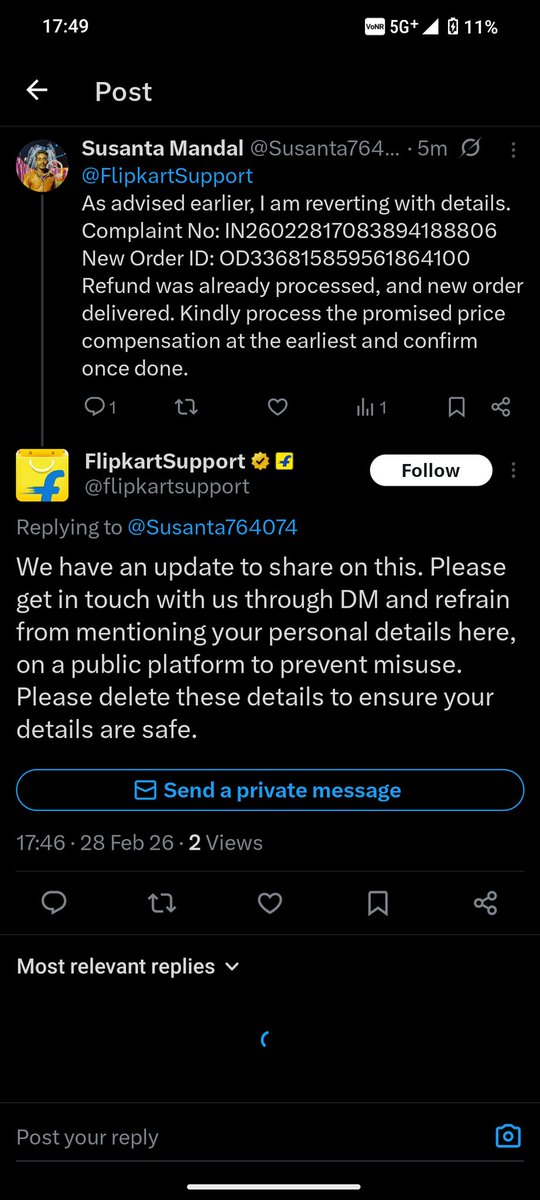 Susanta764074's tweet photo. @flipkartsupport Thanks for the response. I have shared the required details via DM. Kindly look into this on priority and resolve the issue at the earliest. I'm waiting for a proper update. https://t.co/S5xok0xo8D