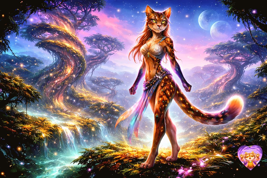 #TheSpiralUniverse
Meet Kaelira Prismspire 🐆🌈
Prism Anchor of the Biolumis Plateau.
She walks where light learns to bend.
High above the clouds floats Zytherra 🌌🌿 — a world of spiral-twisting jungle towers, twin moons, and rivers of living bioluminescence. The air glows. The