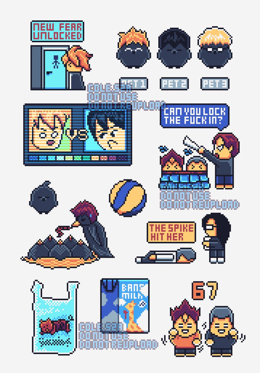 cole_sza's tweet image. another sticker sheet 🐦‍⬛🏐 i had to include the nishida apology lmao

#haikyuufanart #pixelart #karasuno
