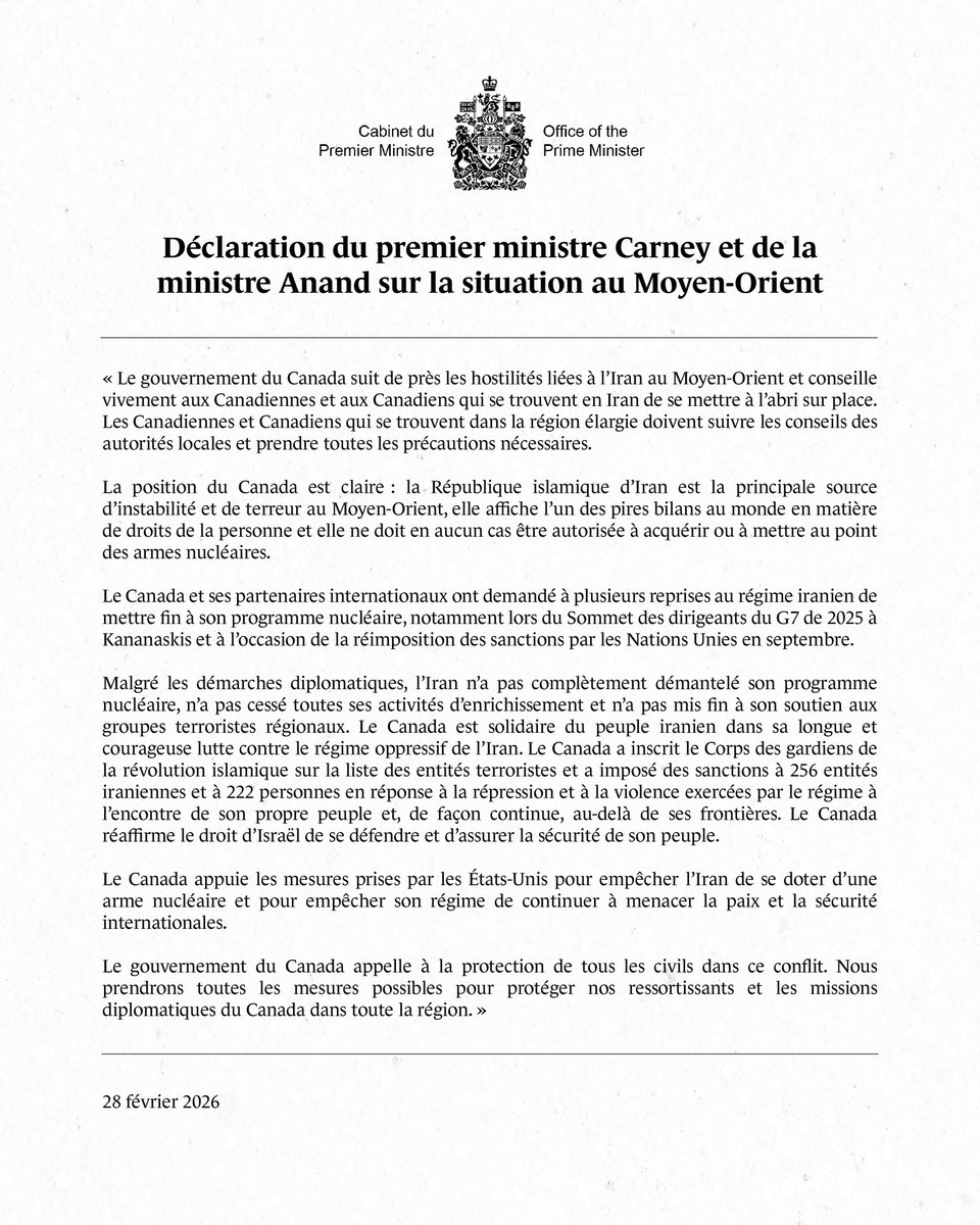 Ma déclaration sur les hostilités liées à l’Iran au Moyen-Orient :