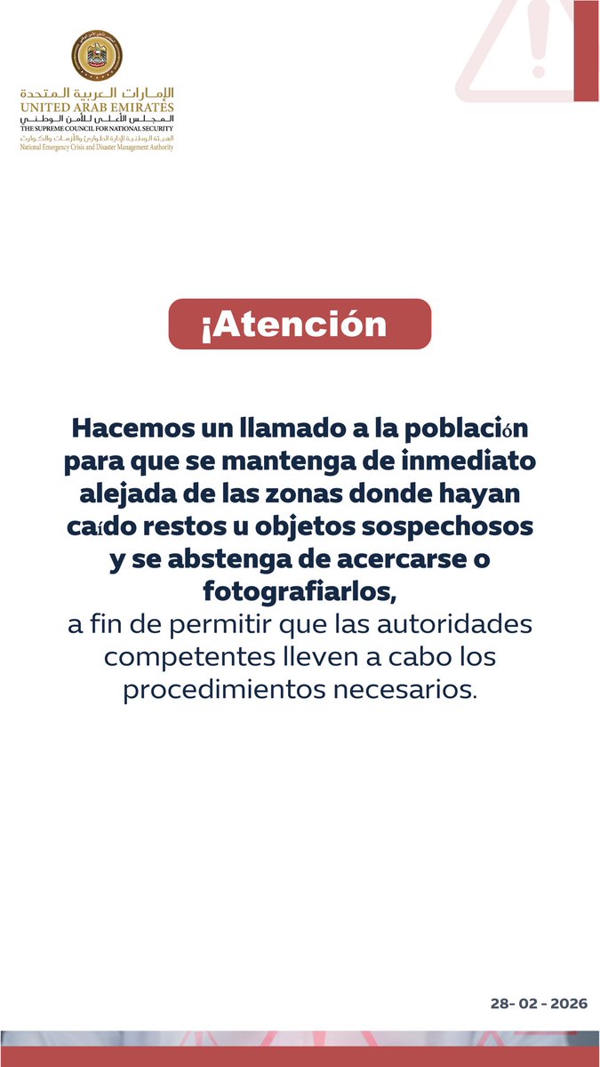 NCEMAUAE's tweet photo. Hacemos un llamado a la población para que se mantenga de inmediato alejada de las zonas donde hayan caído restos u objetos sospechosos y se abstenga de acercarse o fotografiarlos, a fin de permitir que las autoridades competentes lleven a cabo los procedimientos necesarios. https://t.co/6T80L3tvly