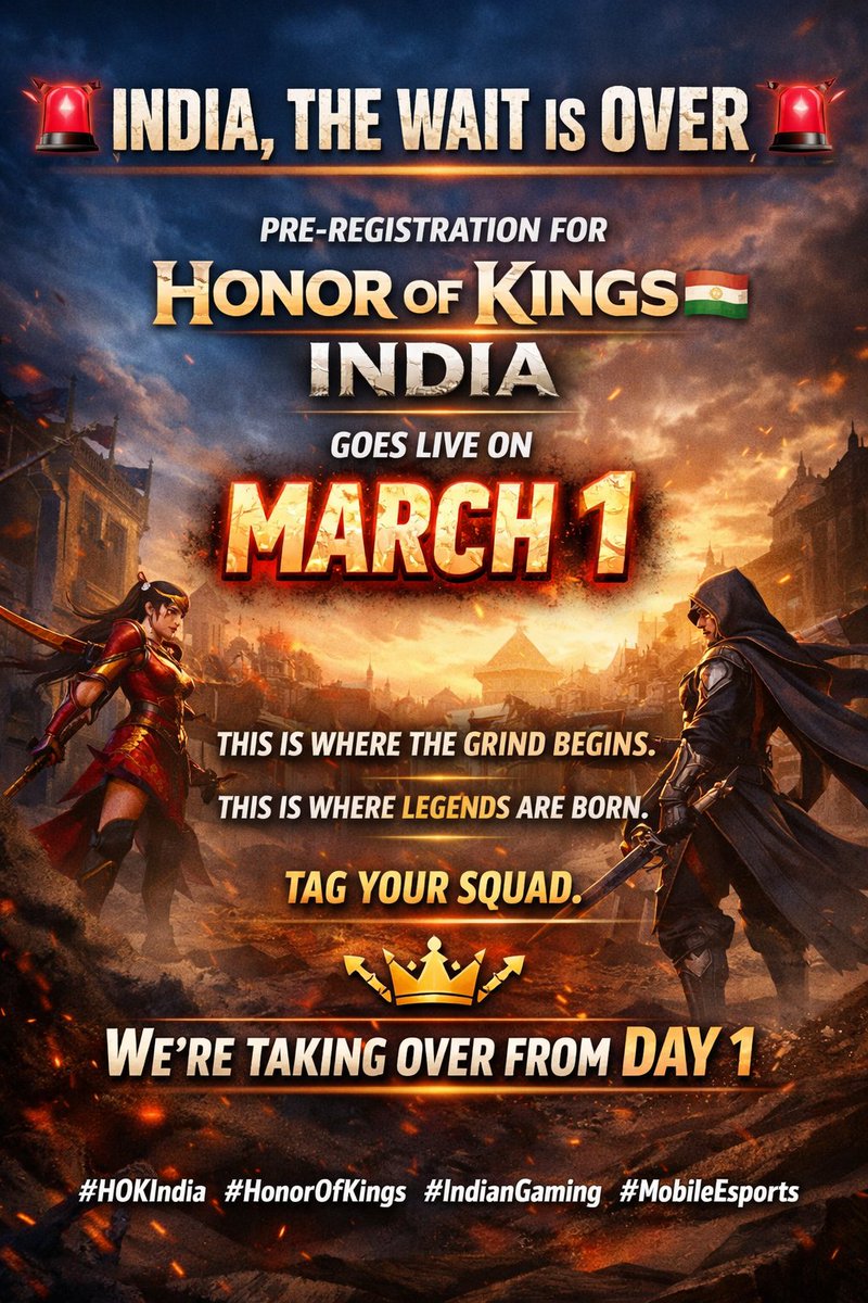titanzag's tweet photo. 🚨 BIG NEWS INDIA 🚨

Pre-Registration for Honor of Kings India goes LIVE on March 1 🇮🇳🔥

The wait is almost over.
The battlefield is calling.
India… are you ready to rise? 👑⚔️
Let’s make history together.
#HonorOfKings #HOKIndia #IndiaGaming #MobileEsports

@meekhok https://t.co/IyPPrxLSKu