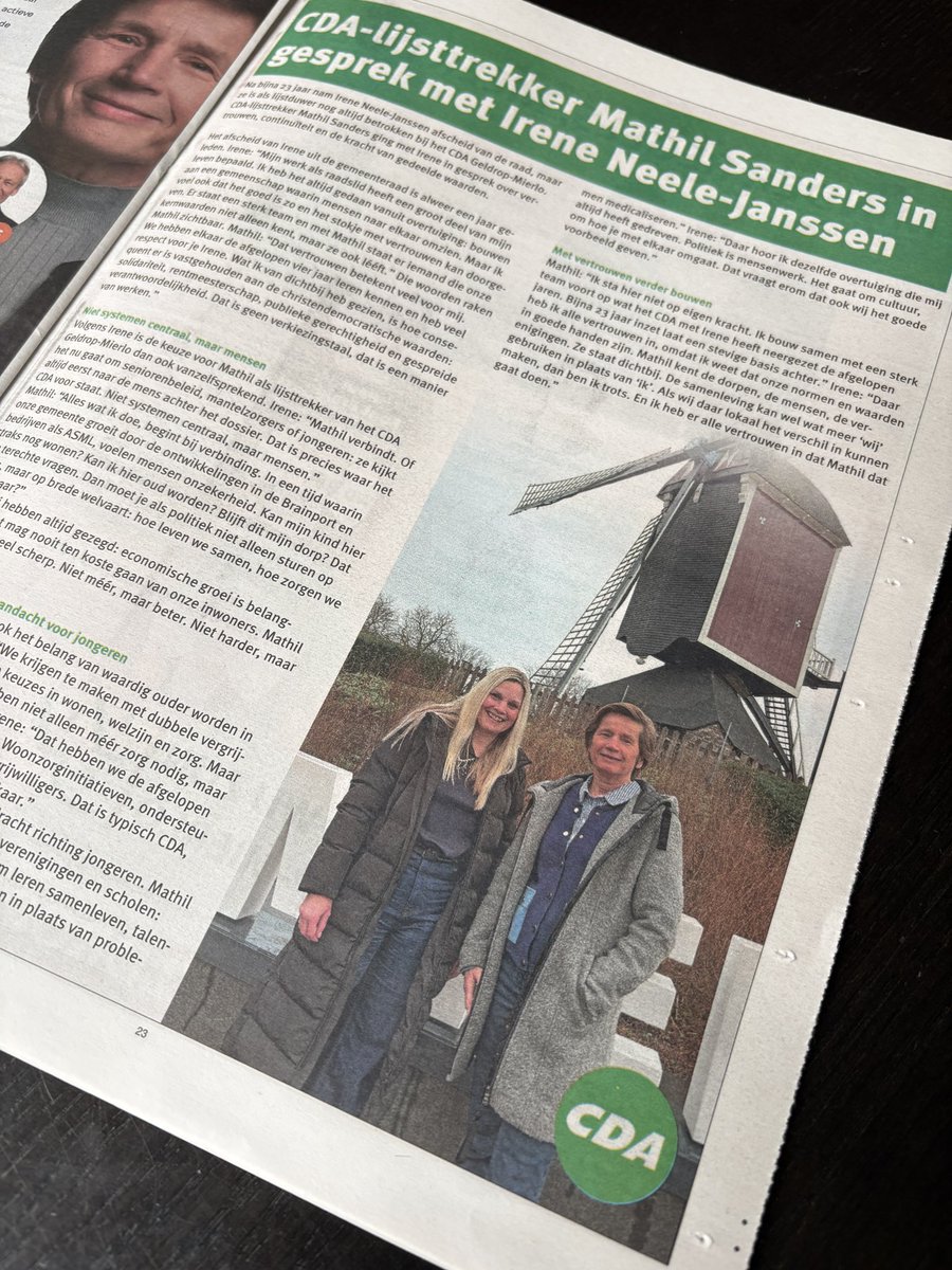 CDA_gm's tweet image. Vandaag in huis-aan-huisblad Thuis in: CDA-lijst­trek­ker Mathil San­ders in gesprek met Ire­ne Neele-Jans­sen over vertrouwen, continuïteit en de kracht van gedeelde waarden.

Lees het hele verhaal op onze website:
cda.nl/noord-brabant/…

#TeamCDAGeldropMierlo #stemCDA