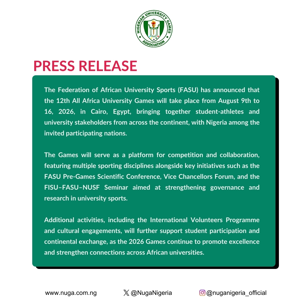NUGANigeria's tweet photo. π FASU All Africa University Games 2026
π Cairo, Egypt
π
Aug 9β16
Africaβs top university athletes set to compete, connect, and grow through sport and collaboration.
#NUGA #NUGAUpdates https://t.co/SuplbUZZJp
