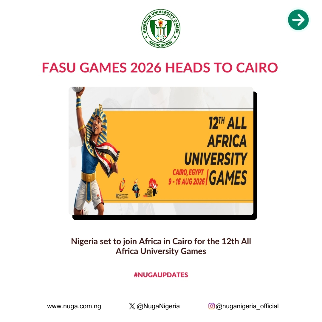 NUGANigeria's tweet photo. π FASU All Africa University Games 2026
π Cairo, Egypt
π
Aug 9β16
Africaβs top university athletes set to compete, connect, and grow through sport and collaboration.
#NUGA #NUGAUpdates https://t.co/SuplbUZZJp