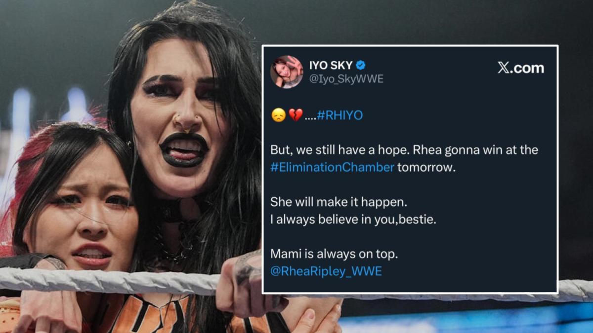 WrestleTalk_TV's tweet photo. IYO SKY after losing the WWE Women's Tag Team Championship: 

"We still have a hope. Rhea gonna win at the Elimination Chamber tomorrow.  

"She will make it happen.  I always believe in you, bestie.   Mami is always on top."