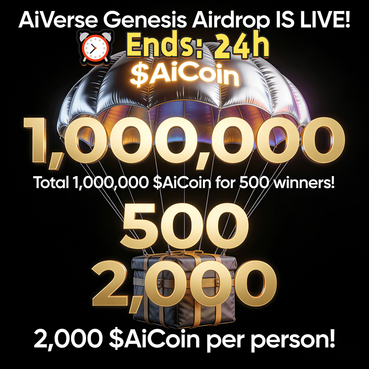 AiVerseWeb3's tweet photo. 🔥 AiVerse X (Twitter)  Giveaway
500 Winners × 2000 AICoin
 
✅ How to join
 
1. Follow @AiVerseWeb3 & @AiVerseNews
2. Like + Retweet this post
3. Tag 3 friends
4. Leave your wallet address in the comment section
 
⏰ Ends: 24h
🎁 500 winners × 2000 AICoin
🚀 Airdrop within 24h
 
👉 Telegram: https://t.co/UFT6eejuDQ
Next week: Telegram New Member Reward
 
#AiVerse #AICoin #Crypto #Giveaway #Web3 #Airdrop