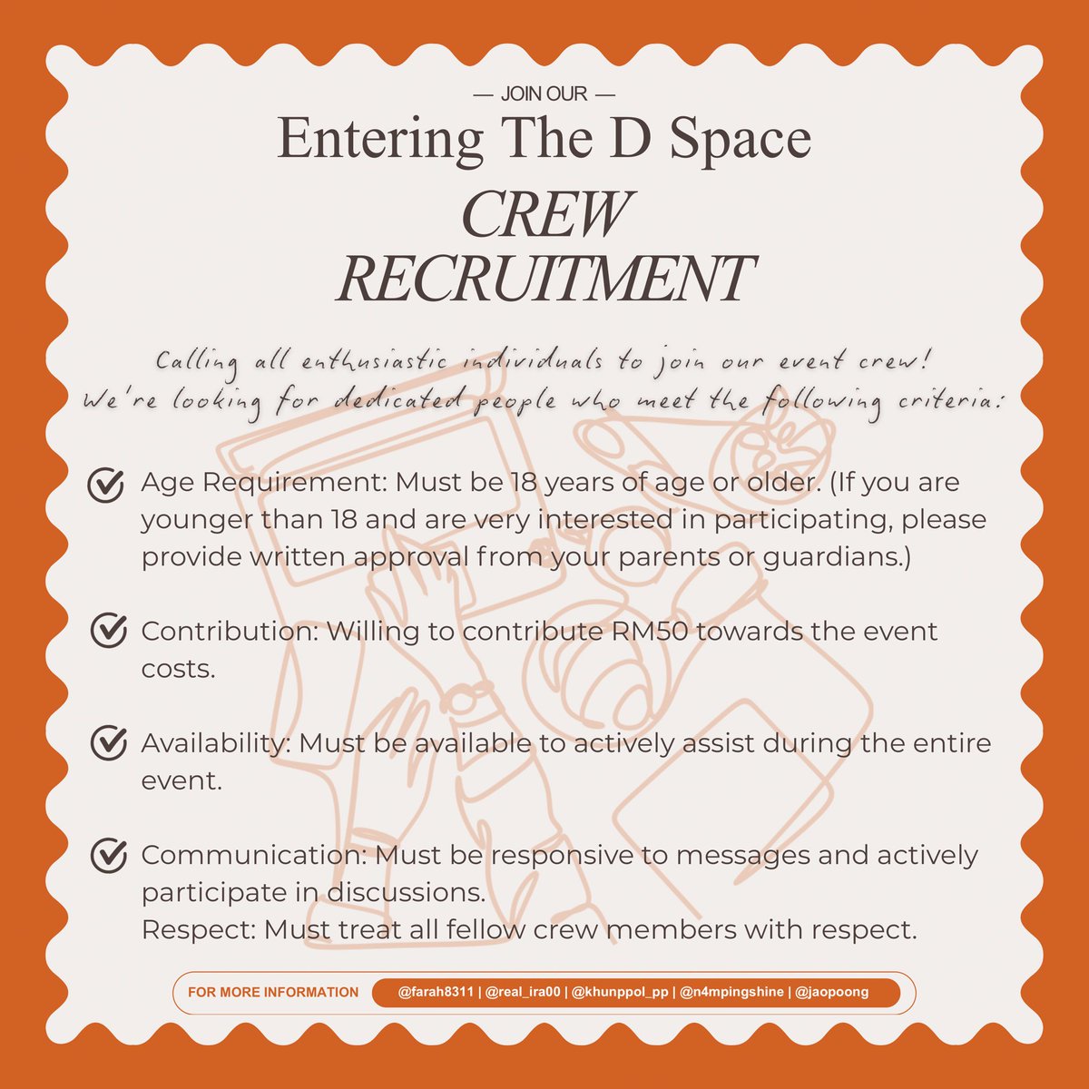 🚨 CREW RECRUITMENT OPEN 🚨

“Entering The D Space” is looking for passionate &amp; dedicated individuals to join our event crew🧡✨

If you’re ready to contribute, assist actively &amp; be part of something special…this is your sign 👀

Let’s build this together 💫
DM for more info!