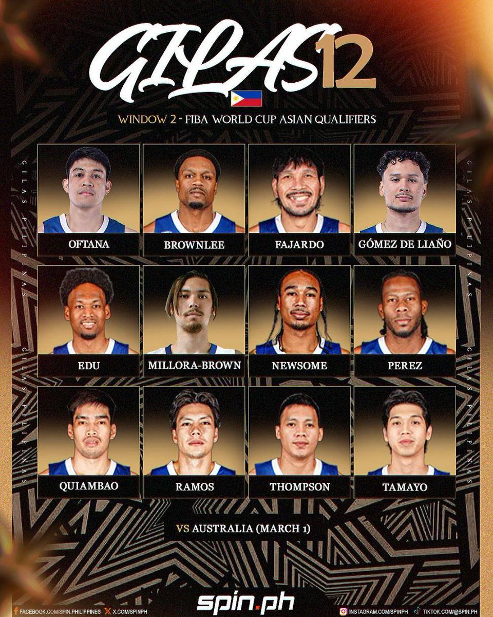 spinph's tweet image. LABAN TAYO, GILAS 🔥

The same 12 men who saw action vs. New Zealand will carry the flag against Australia as no line-up changes were made for Gilas entering the big clash against the Boomers. #FIBAWC #StepItUp #GilasPilipinas