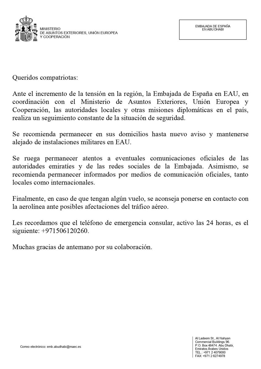 wallstwolverine's tweet photo. La embajada de España en Emiratos Árabes Unidos advierte a todos los españoles en el país advirtiendo que se mantengan alejados de instalaciones militares en EAU. https://t.co/EX05iJ4QYB