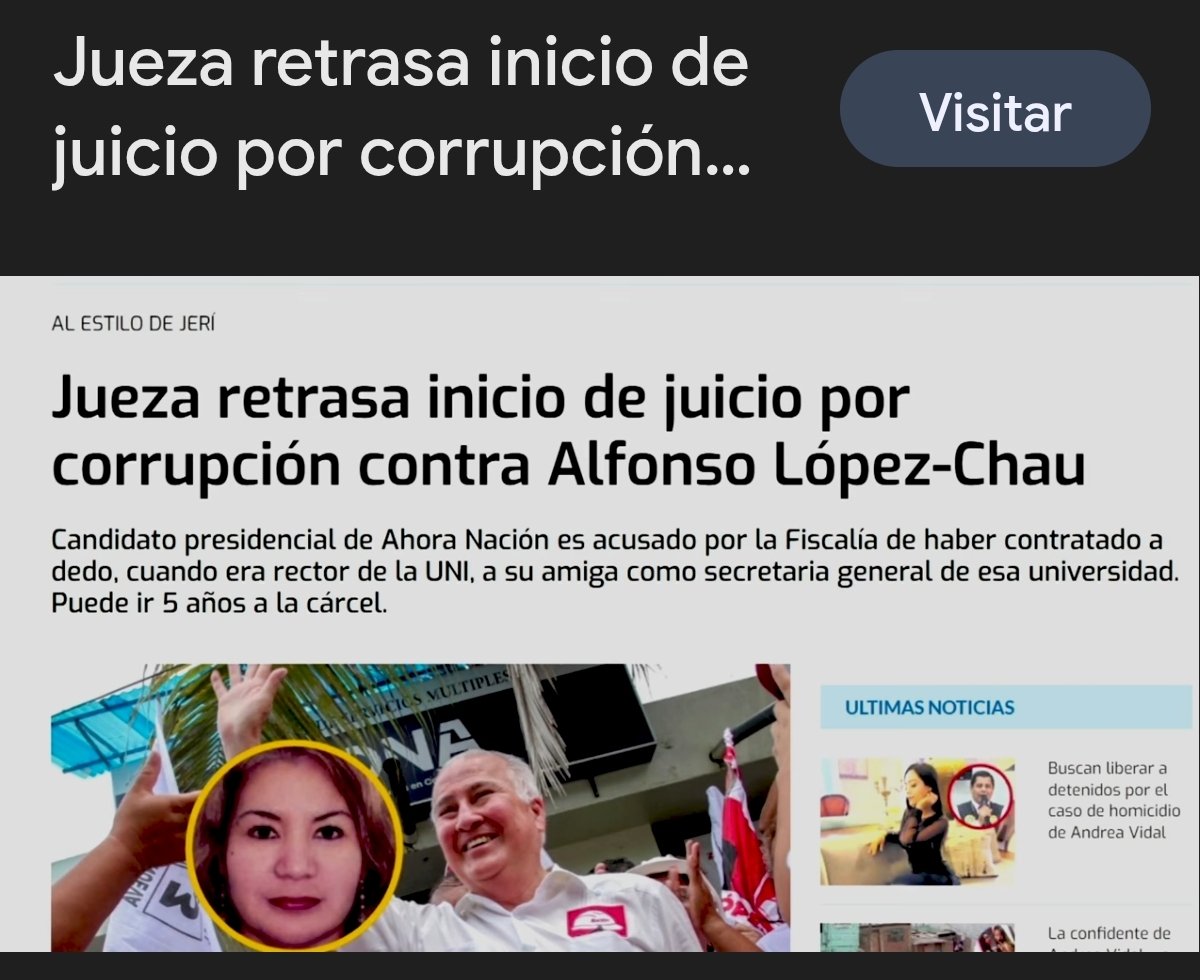 ASÍ QUE LÓPEZ CHAU YA TENÍA  QUE IR A JUICIO POR CORRUPCION PERÓ UNA JUEZA <a href="/Poder_Judicial_/">Poder Judicial Perú</a> SEGURO ORDENADO POR LA ROJA JANETH TELLO HA RETRASADO EL INICIO DEL JUICIO.. ESTÁN BLINDANDO AL DELINCUENTE LÓPEZ CHAU,PERO EL VEJETE MÁS VIVO YA PIDIÓ RESIDENCIA EN MÉXICO..
PARA FUGARSE?