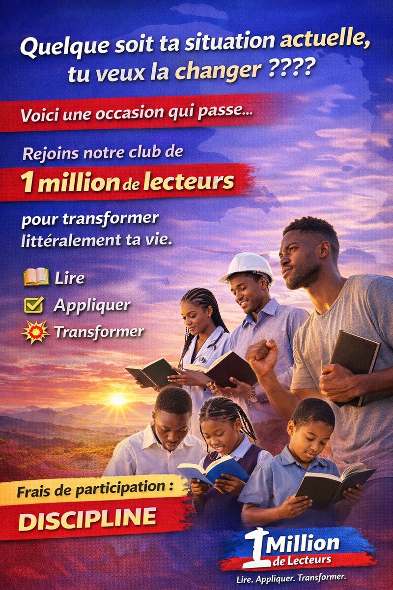 kendynicolas1's tweet photo. 2 étapes simples pour rejoindre le club 1 million de lecteurs :

1. Remplir la fiche d’engagement : https://t.co/7ryMZK9oFo

2. ⁠Intégrer le Channel whatsapp : https://t.co/ZHuajyfJSm

Puis attends le lancement pour ce dimanche 1e mars 2025 à 6h PM en ligne sur Google meet https://t.co/5DcuUic5pS