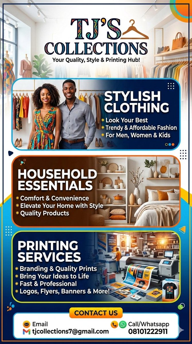 tjconcept6's tweet photo. Upgrade your lifestyle with TJ’S COLLECTIONS! ✨
​👗 Trendy Clothing
🏠 Household Essentials
🖨️ Professional Printing Services
​Quality you can trust, style you can wear.
​📧 tjcollections7@gmail.com
📞 Call/WA: 08101222911
​#TJsCollections #Fashion #HomeDecor #PrintingServices https://t.co/rwwTo3YHEN