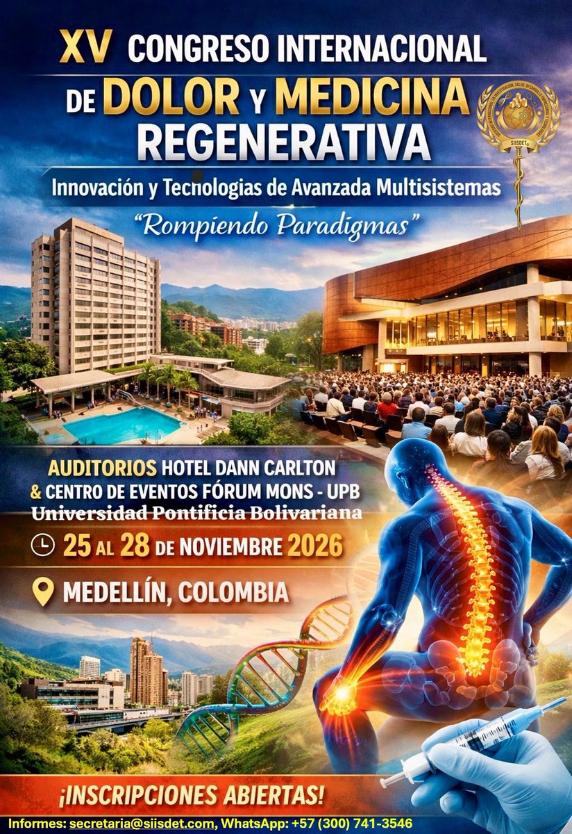 The XV International Congress on Pain and Regenerative Medicine – ICPRM© (SIISDET® 2026) becomes the epicenter of that leadership.

This is not about trends.
It is about positioning.

🔗 Information:
WhatsApp: +57 (300) 741-3546
Email: secretaria@siisdet.com