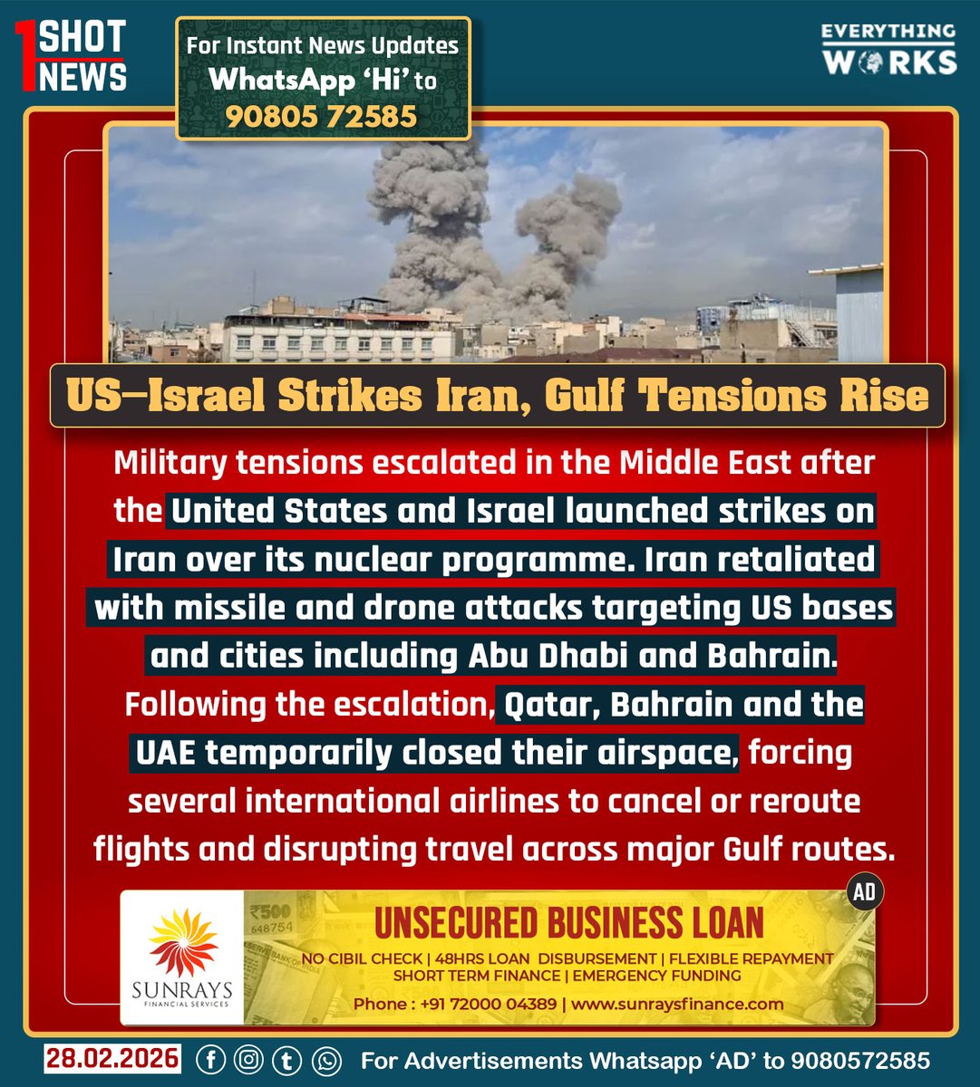 HereWorks's tweet photo. Military tensions escalated in the Middle East after the United States and Israel launched strikes on Iran over its nuclear programme. Iran retaliated with missile and drone attacks targeting US bases and cities including Abu Dhabi and Bahrain. Following the escalation, Qatar, Bahrain and the UAE temporarily closed their airspace, forcing several international airlines to cancel or reroute flights and disrupting travel across major Gulf routes.

#1ShotNews | #Iran | #Israel | #UnitedStates | #MiddleEast | #AbuDhabi | #Qatar | #Bahrain | #Tamilnadu | #TamilnaduNews