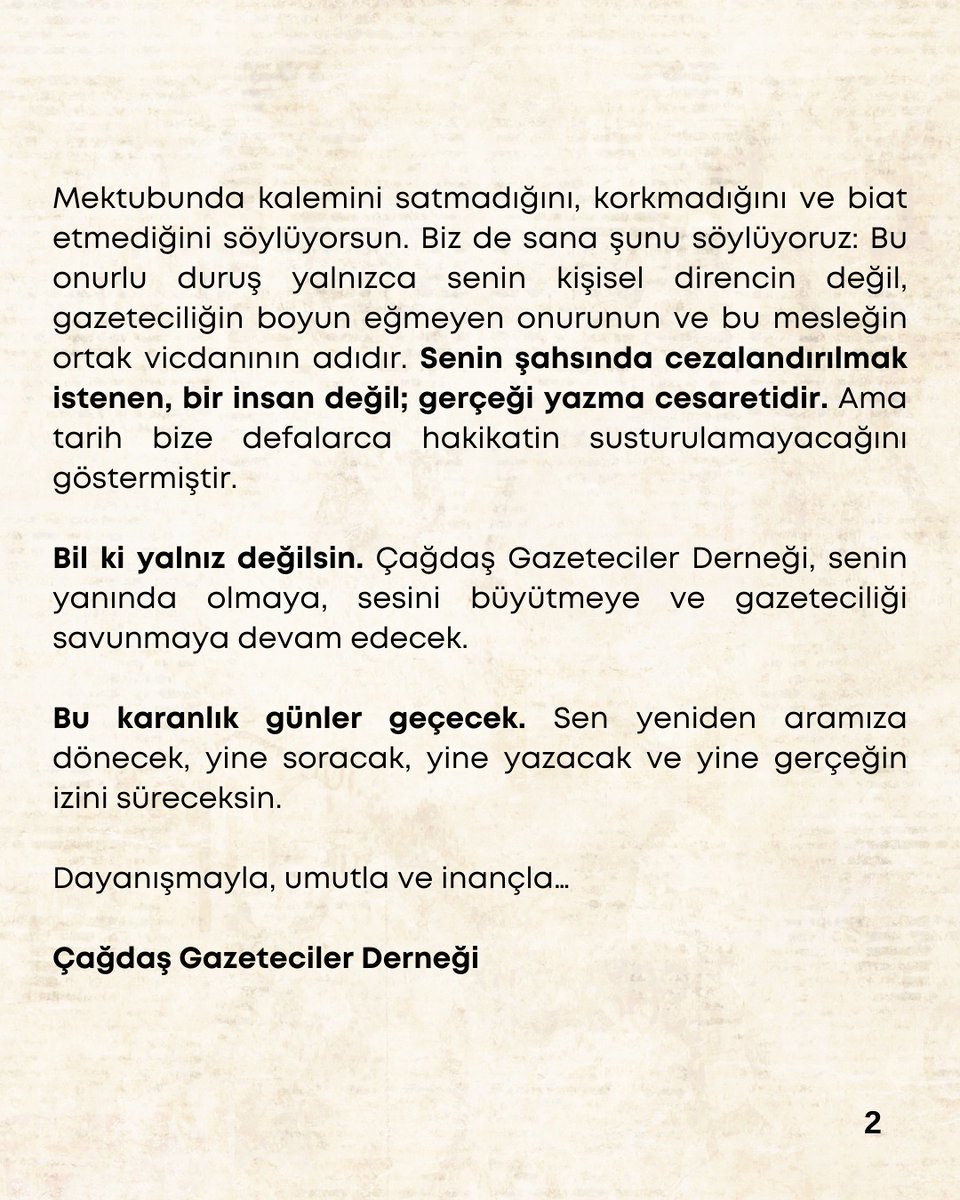 Tutuklu Gazeteci, üyemiz Alican Uludağ'ın mektup adresi aşağıdaki gibidir. Dayanışma mektubunu bu adrese gönderebilirsiniz.

Marmara Ceza İnfaz Kurumları Kampüsü, Marmara Kapalı Ceza İnfaz Kurumu (9 Nolu), Koğuş: B43 Semizkumlar Mah. Silivri/İstanbul